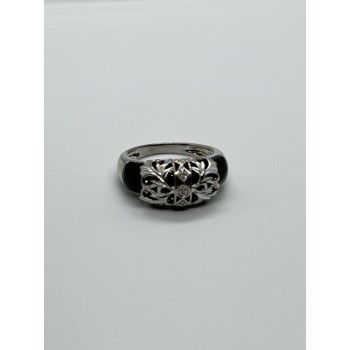 925 Sterling Silver Black Agate & Diamonds Ring Size 7.5