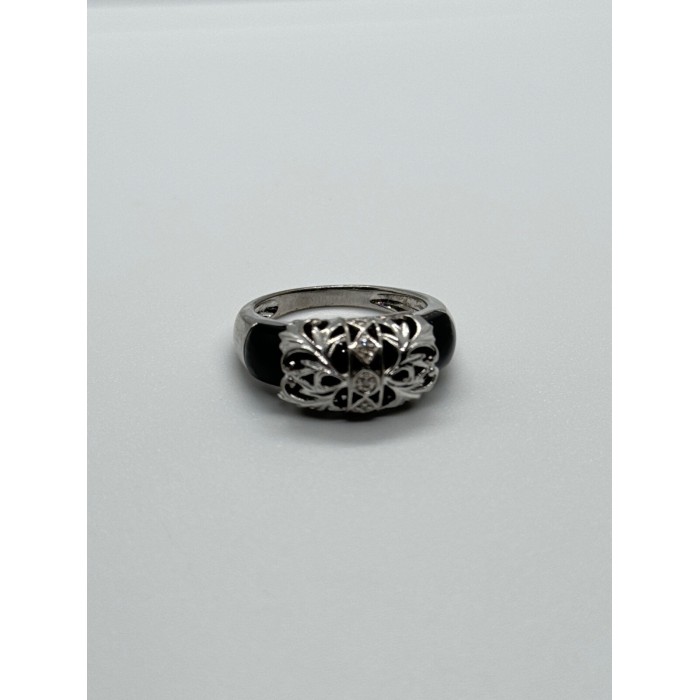 925 Sterling Silver Black Agate & Diamonds Ring Size 7.5