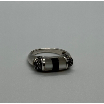 925 Sterling Silver Abalone, Enamel & Marcasite Ring Size 7