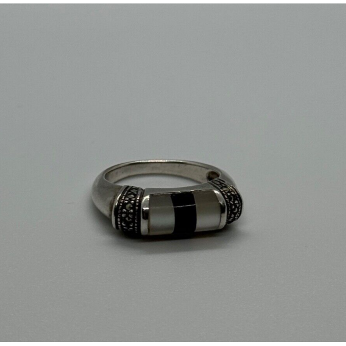 925 Sterling Silver Abalone, Enamel & Marcasite Ring Size 7