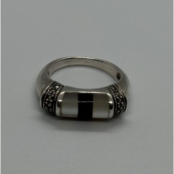 925 Sterling Silver Abalone, Enamel & Marcasite Ring Size 7