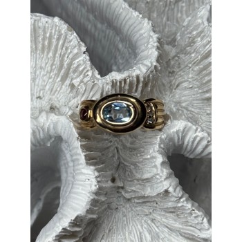 925 Sterling Silver Gold Plated Aquamarine, Garnet & CZ Ring Size 4