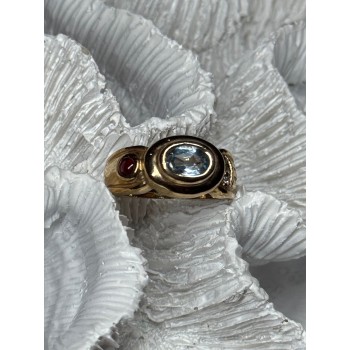 925 Sterling Silver Gold Plated Aquamarine, Garnet & CZ Ring Size 4