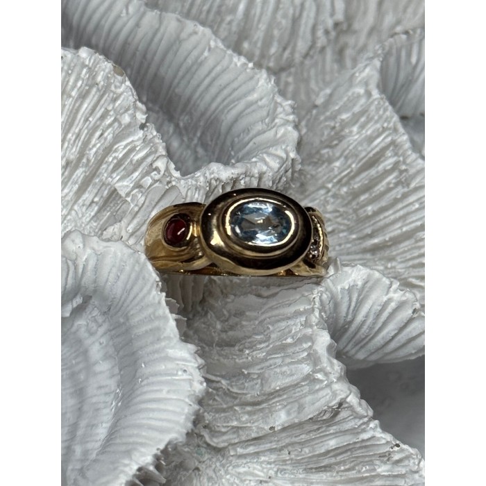 925 Sterling Silver Gold Plated Aquamarine, Garnet & CZ Ring Size 4