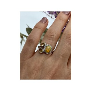 925 Sterling Silver Opal, Heliodor & CZ Ring Size 6