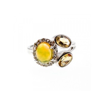 925 Sterling Silver Opal, Heliodor & CZ Ring Size 6