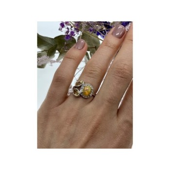 925 Sterling Silver Opal, Heliodor & CZ Ring Size 6