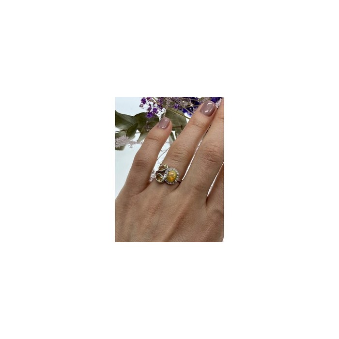925 Sterling Silver Opal, Heliodor & CZ Ring Size 6