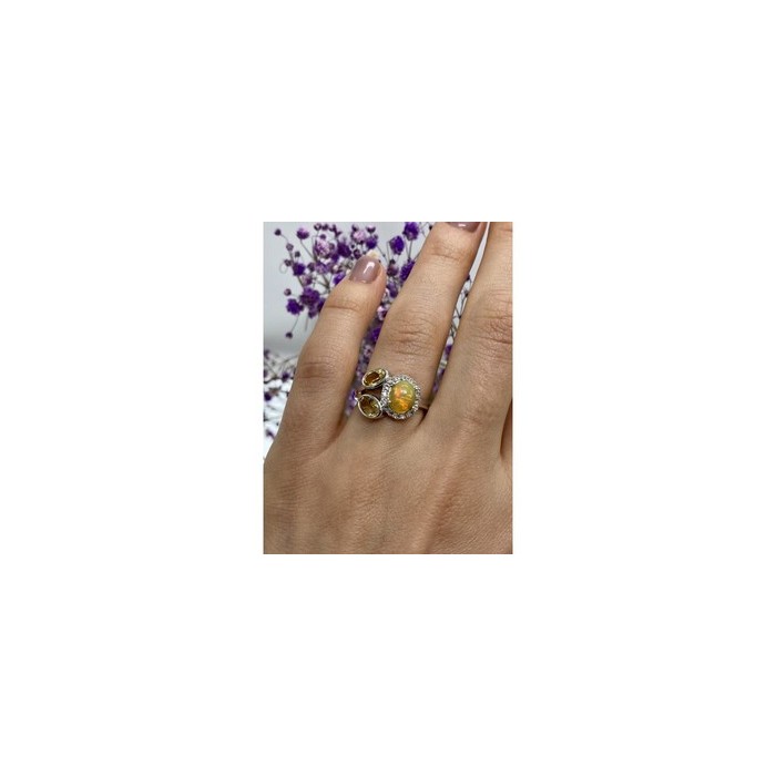 925 Sterling Silver Opal, Heliodor & CZ Ring Size 6