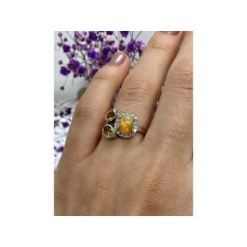 925 Sterling Silver Opal, Heliodor & CZ Ring Size 6