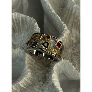 925 Sterling Silver Gold Plated Part Multi Color Gemstones Ring Size 8