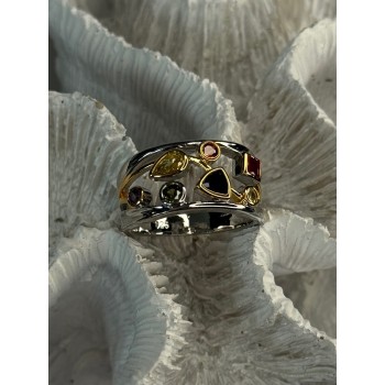 925 Sterling Silver Gold Plated Part Multi Color Gemstones Ring Size 8