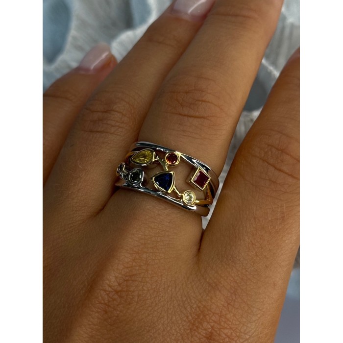 925 Sterling Silver Gold Plated Part Multi Color Gemstones Ring Size 8