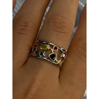 925 Sterling Silver Gold Plated Part Multi Color Gemstones Ring Size 8