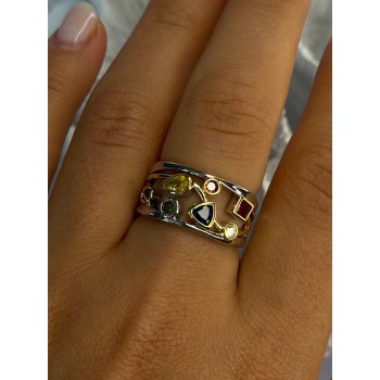 925 Sterling Silver Gold Plated Part Multi Color Gemstones Ring Size 8