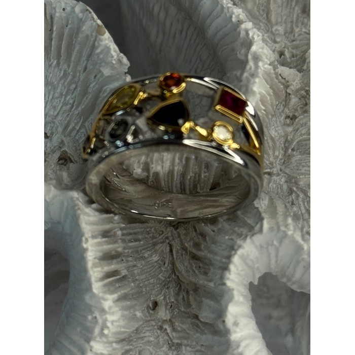 925 Sterling Silver Gold Plated Part Multi Color Gemstones Ring Size 8