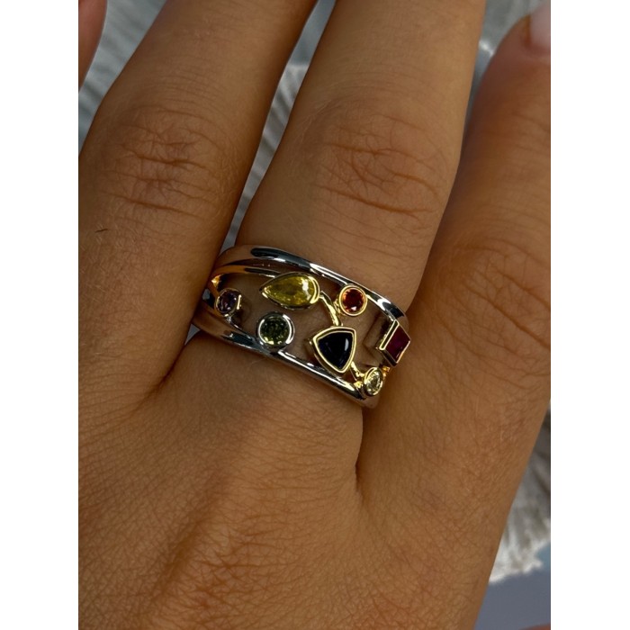 925 Sterling Silver Gold Plated Part Multi Color Gemstones Ring Size 8