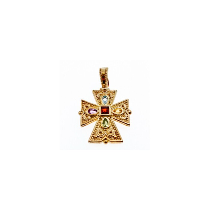 925 STERLING SILVER GOLD PLATED MULTI GEMSTONES CROSS PENDANT