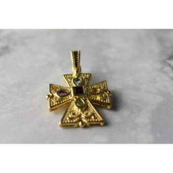 925 STERLING SILVER GOLD PLATED MULTI GEMSTONES CROSS PENDANT