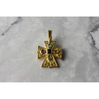 925 STERLING SILVER GOLD PLATED MULTI GEMSTONES CROSS PENDANT