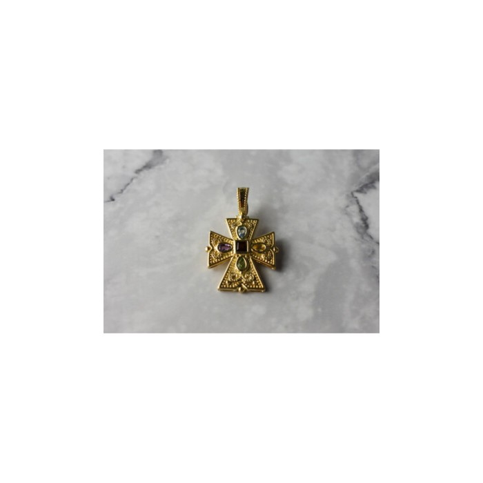 925 STERLING SILVER GOLD PLATED MULTI GEMSTONES CROSS PENDANT