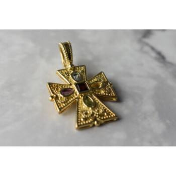 925 STERLING SILVER GOLD PLATED MULTI GEMSTONES CROSS PENDANT