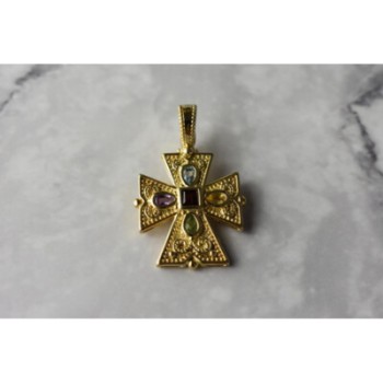 925 STERLING SILVER GOLD PLATED MULTI GEMSTONES CROSS PENDANT