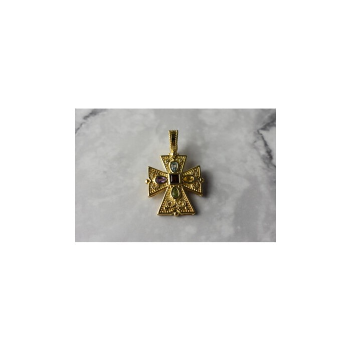 925 STERLING SILVER GOLD PLATED MULTI GEMSTONES CROSS PENDANT