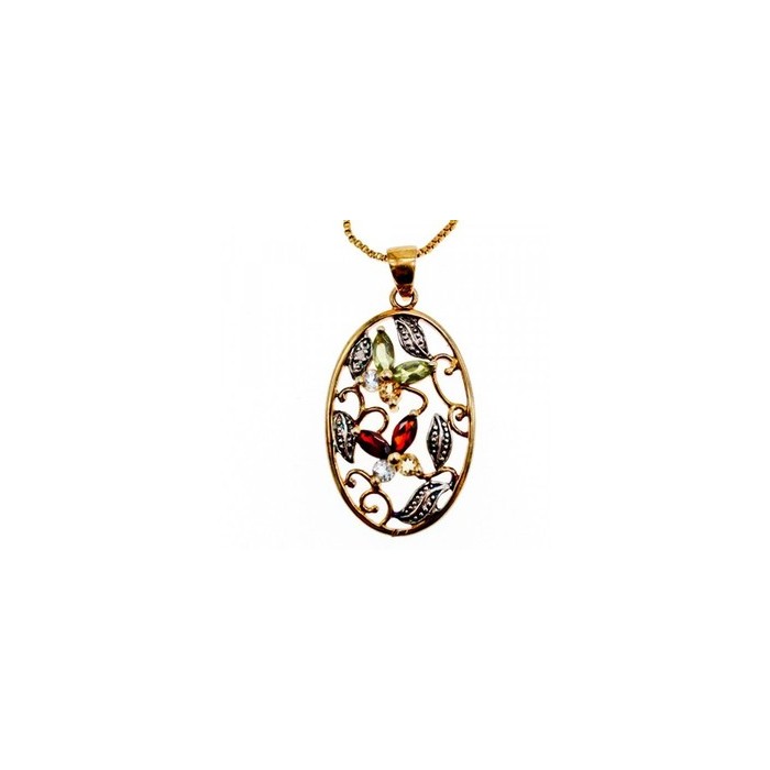 925 Sterling Silver Gold Plated Multi Gemstones Chain with Pendant
