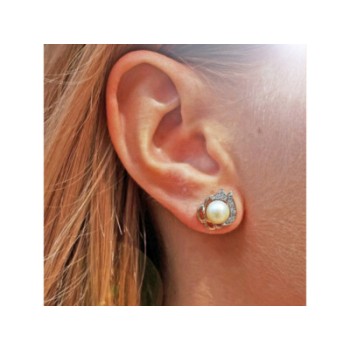 14K YELLOW GOLD PEARL & DIAMONDS EARRINGS