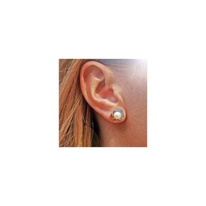 14K YELLOW GOLD PEARL & DIAMONDS EARRINGS