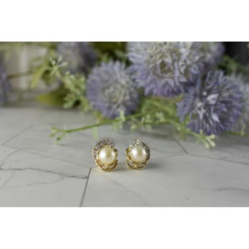 14K YELLOW GOLD PEARL & DIAMONDS EARRINGS