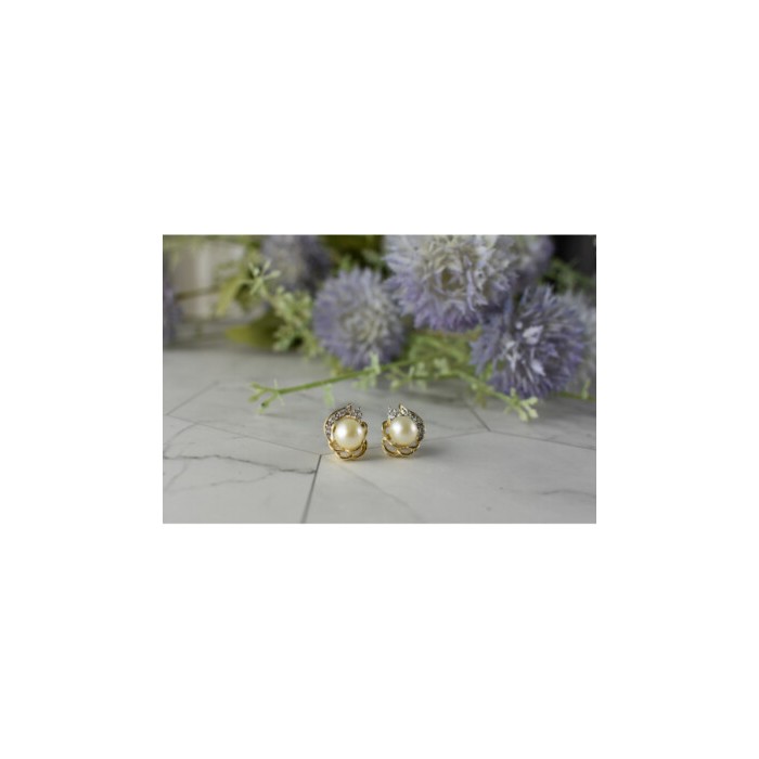 14K YELLOW GOLD PEARL & DIAMONDS EARRINGS