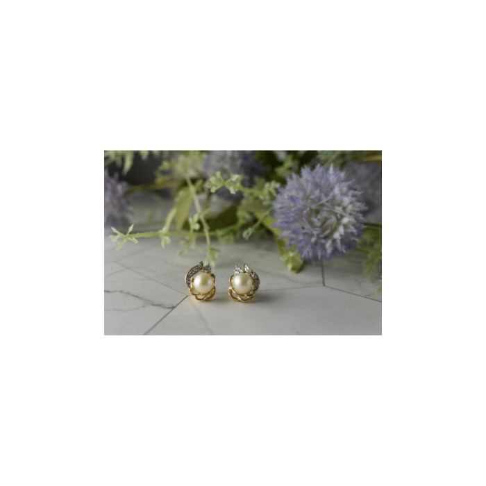 14K YELLOW GOLD PEARL & DIAMONDS EARRINGS