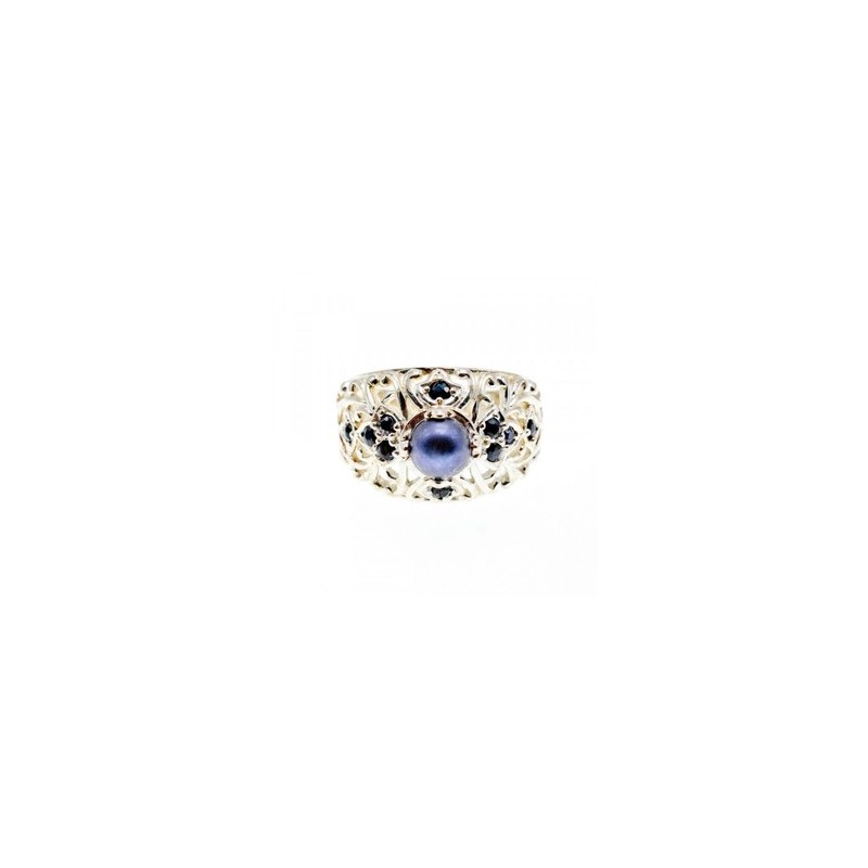925 STERLING SILVER PEARL & SAPPHIRES RING SIZE 6.75
