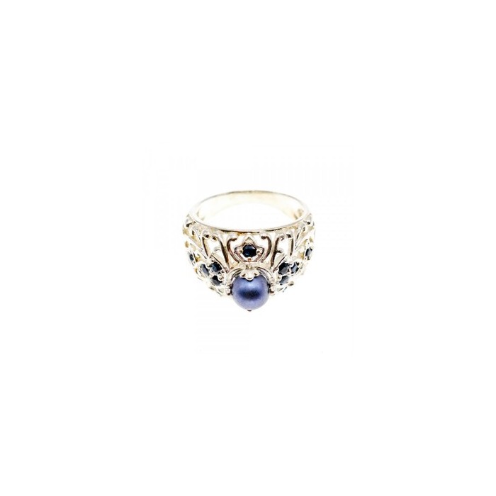 925 STERLING SILVER PEARL & SAPPHIRES RING SIZE 6.75