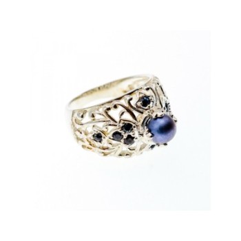 925 STERLING SILVER PEARL & SAPPHIRES RING SIZE 6.75