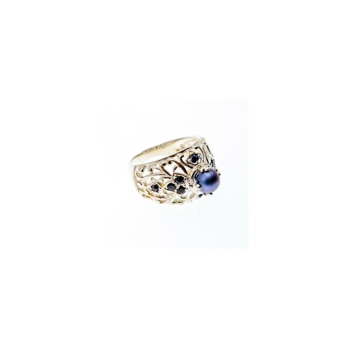925 STERLING SILVER PEARL & SAPPHIRES RING SIZE 6.75