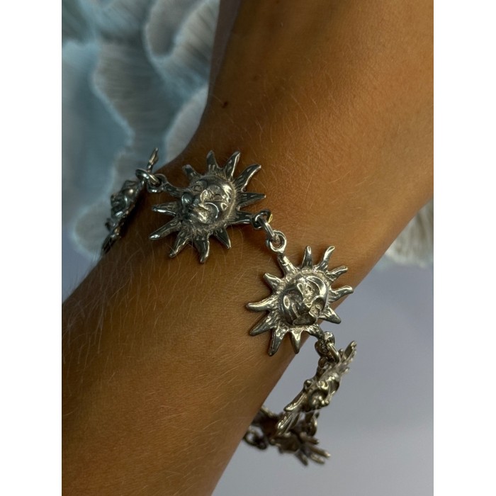 Vintage 925 Sterling Silver Sun Face Bracelet Length 8.5