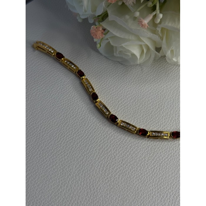 925 Sterling Silver Gold Plated Jjt Garnet & CZ Bracelet Length 7.5