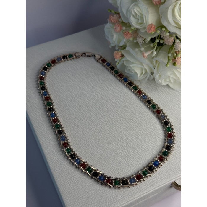 925 Sterling Silver Italy Milor Multicolor Agate Necklace Length 17 Inch