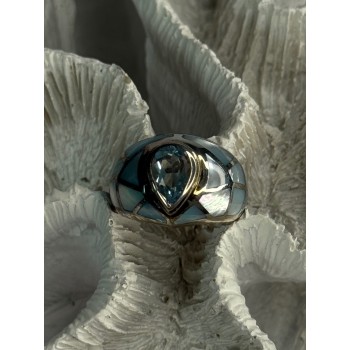 925 Sterling Silver Beautiful Blue Abalone & Topaz Ring Size 6