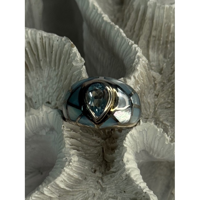 925 Sterling Silver Beautiful Blue Abalone & Topaz Ring Size 6