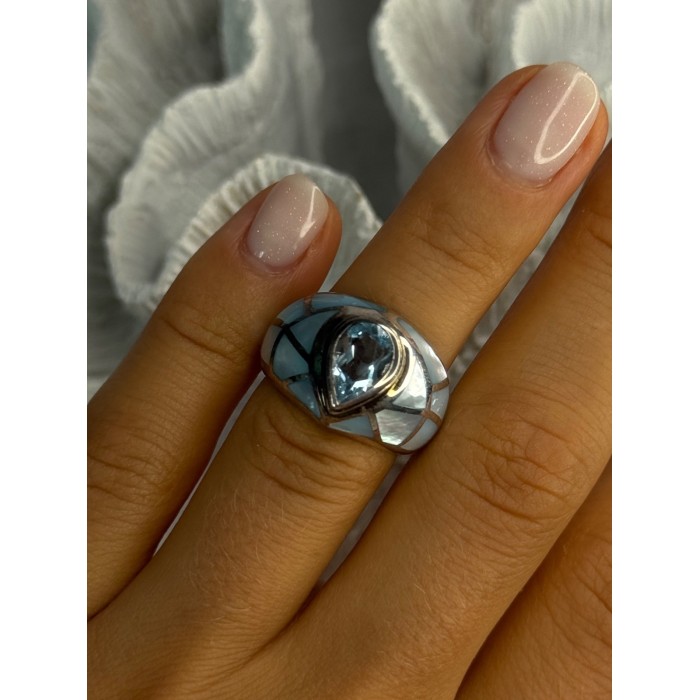 925 Sterling Silver Beautiful Blue Abalone & Topaz Ring Size 6