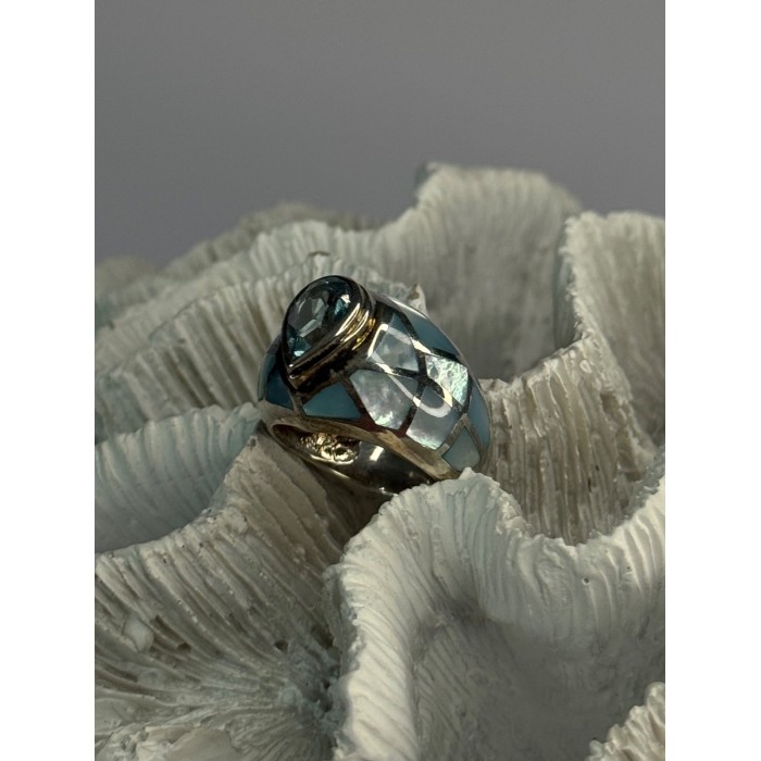 925 Sterling Silver Beautiful Blue Abalone & Topaz Ring Size 6