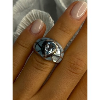925 Sterling Silver Beautiful Blue Abalone & Topaz Ring Size 6