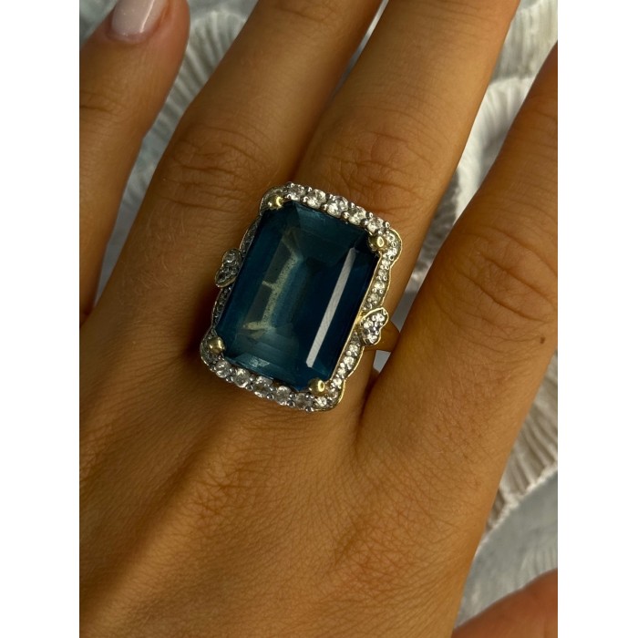 925 Sterling Silver Gold Plated Sapphire & Beryl Ring Size 9