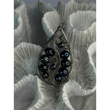 925 STERLING SILVER BLACK PEARLS PENDANT LENGTH 2.1 INCH