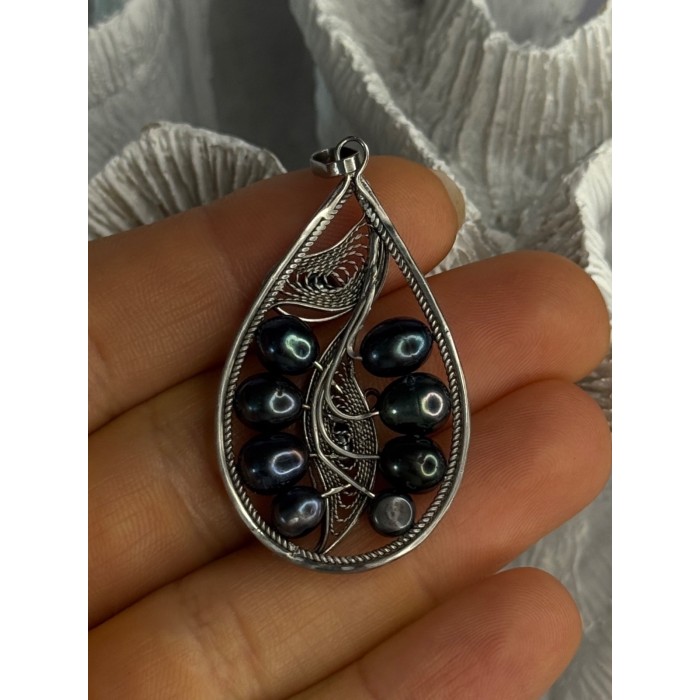 925 STERLING SILVER BLACK PEARLS PENDANT LENGTH 2.1 INCH