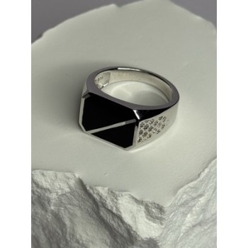 925 Sterling Silver Black Enamel & CZ Men's Ring Size 11